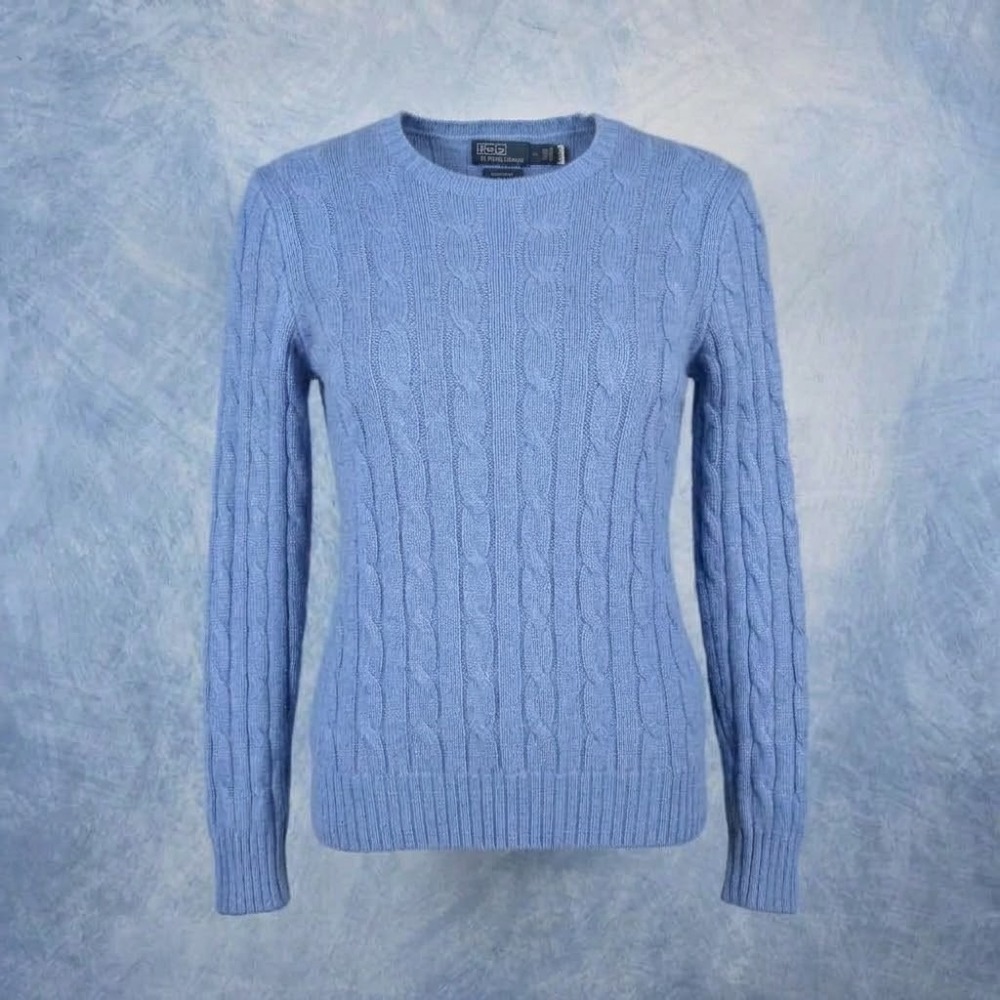 Polo Ralph Lauren Cashmere Cable Knit Sweater Blue Crew Neck Womens Medium